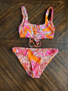 Maaji Tropical Jungle Print Floral Reversible Bikini Set Small Orange Tropical
